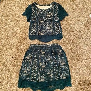 green lace crop top and mini skirt set